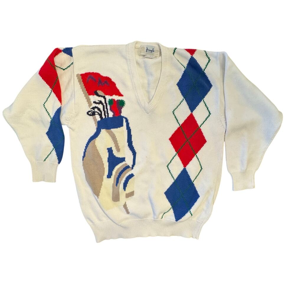 Pringle Cream Golf Motif Argyle Crewneck Sweater with Red & Blue Accents